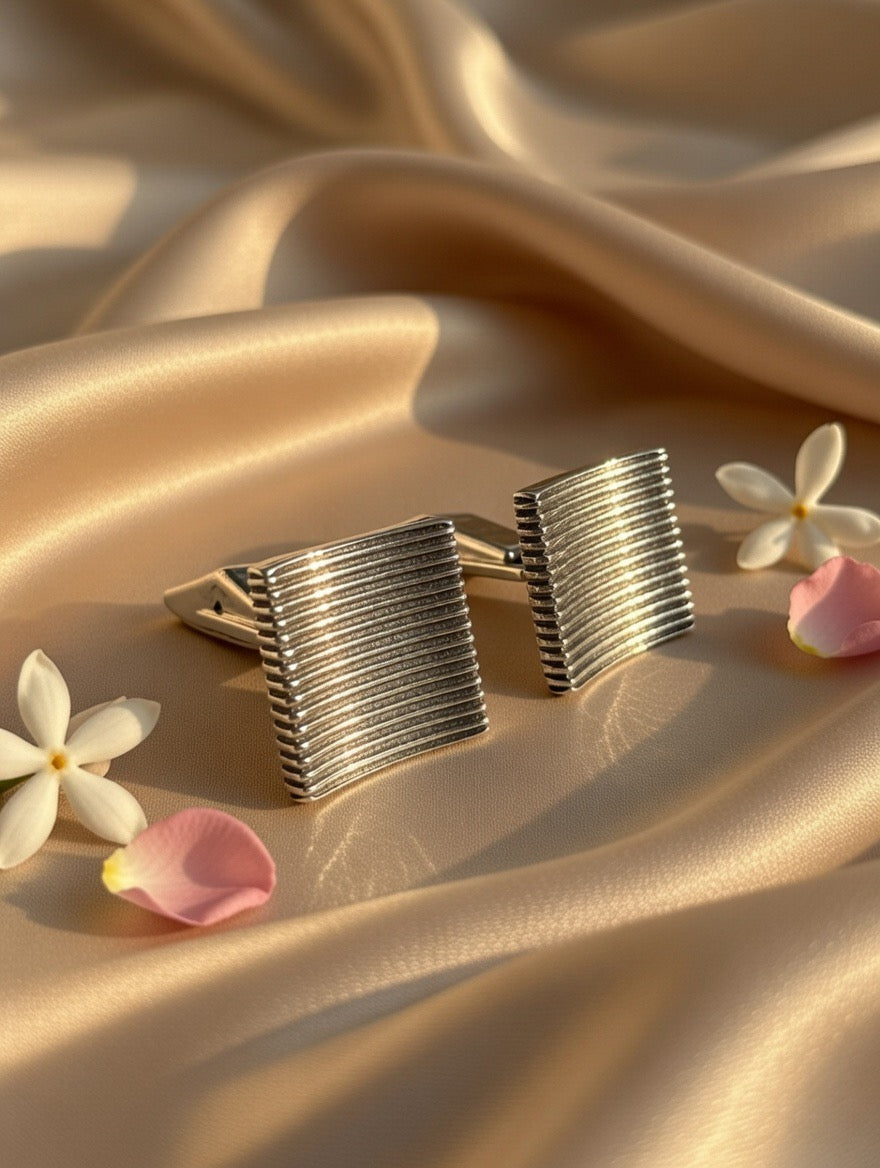 Ribbed Square Silver Cufflinks