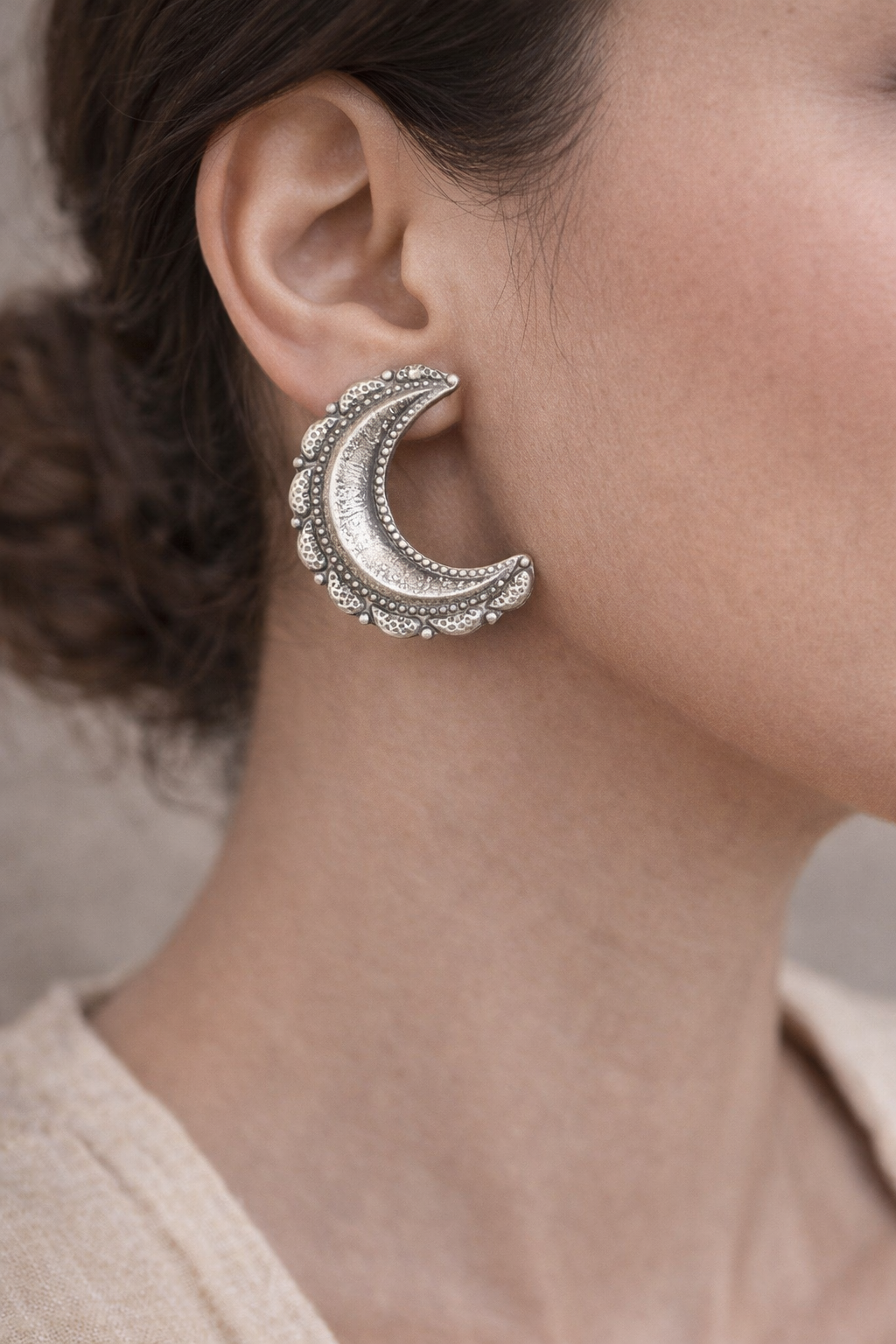 Oxidised Crescent Silver Stud Earrings