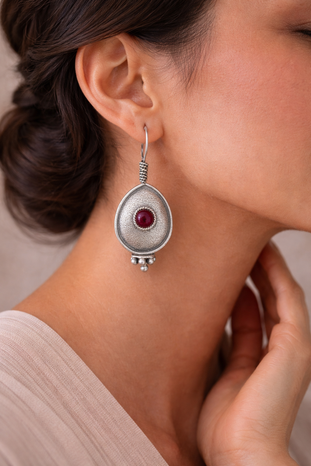 Anika Ruby Drop Silver Earrings