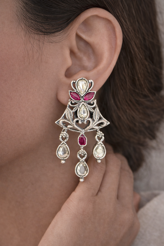 Ruby & Kundan Filigree Silver Drop Earrings