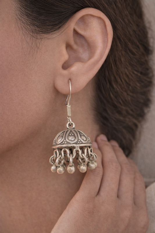 Classic Dome Ghungroo Silver Jhumka Earrings