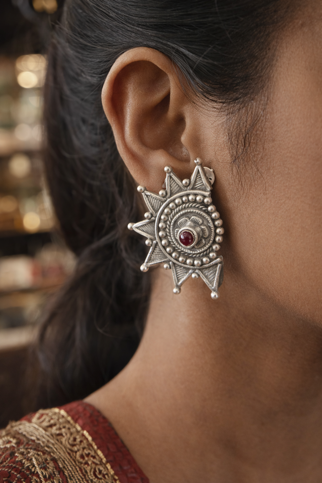 Sunburst Red Stone Silver Stud Earrings