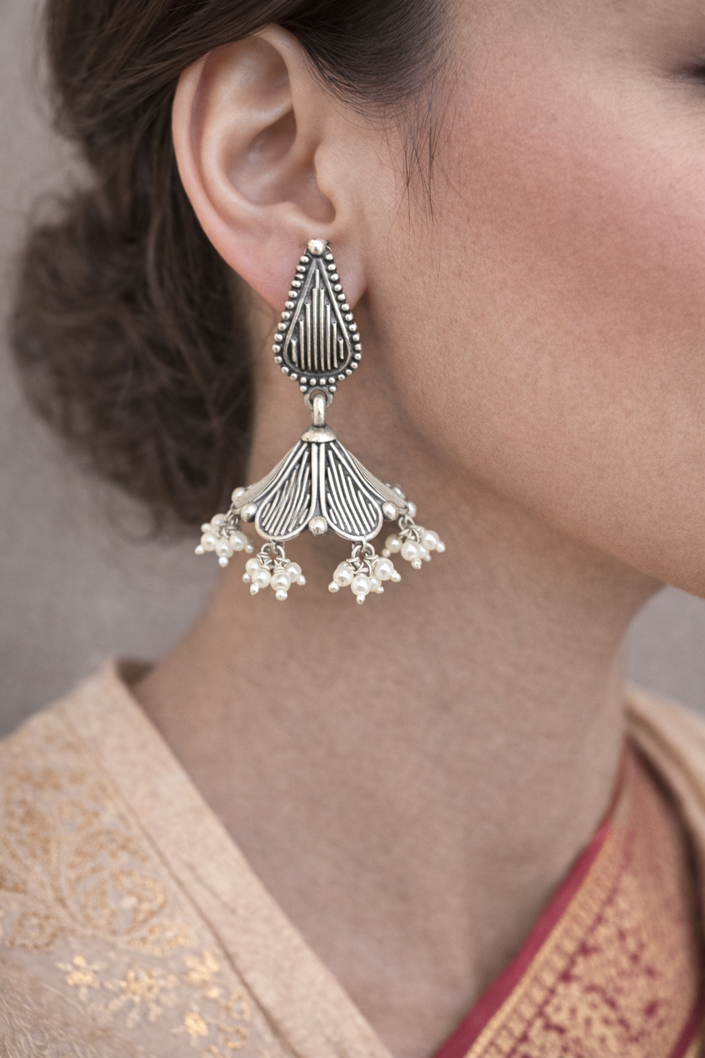 Oxidised Fan Motif Pearl Drop Earrings