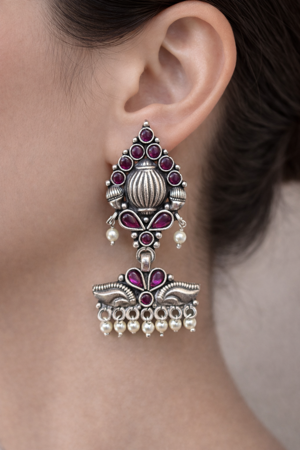 Oxidised Temple Motif Pearl Drop Earrings