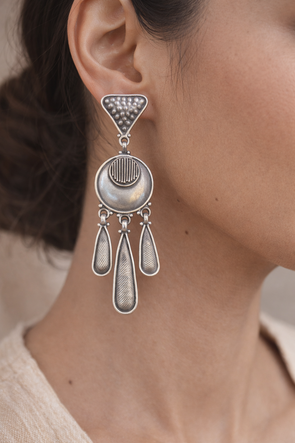 Oxidised Geometric Drop Earrings