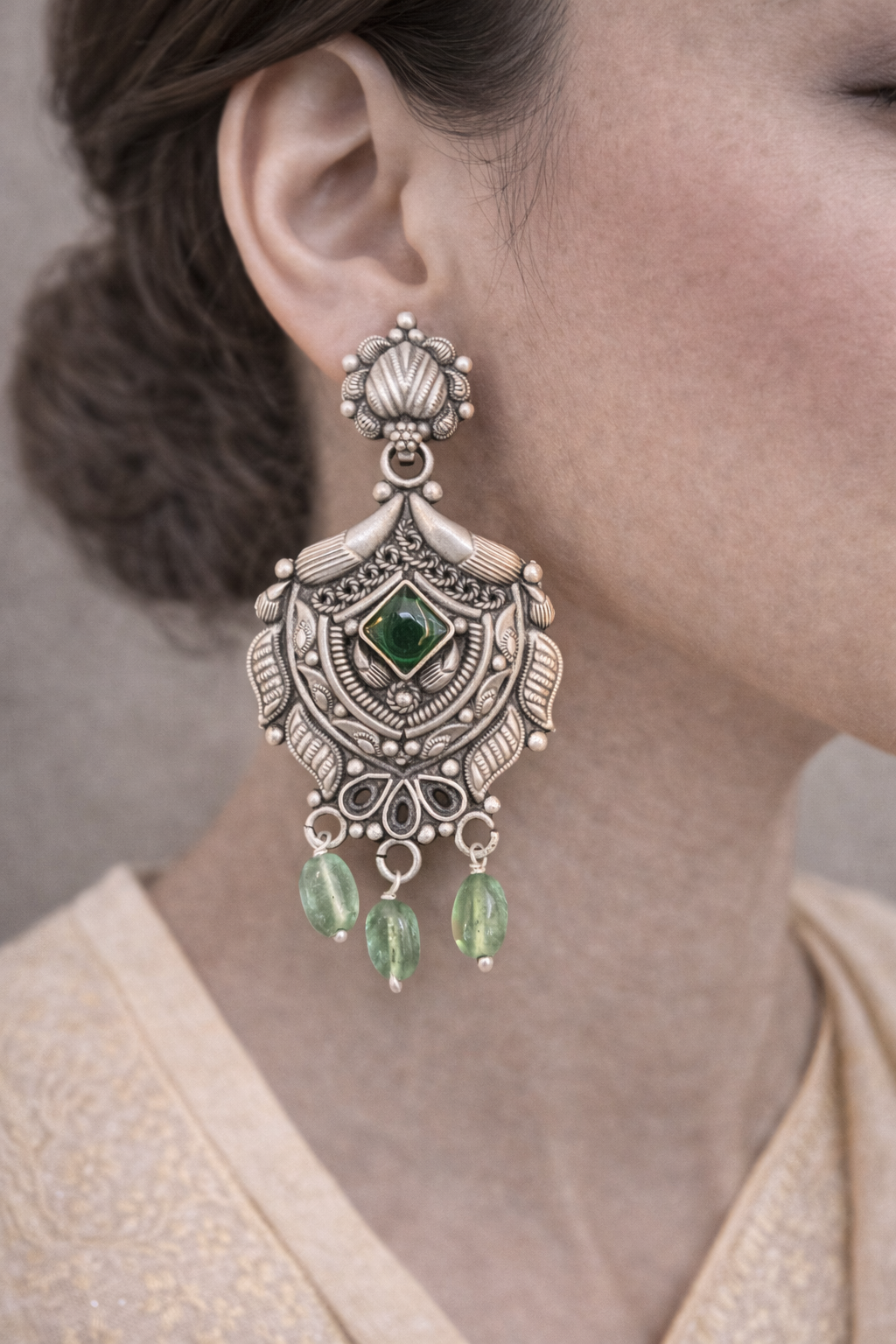 Oxidised Floral Motif Green Stone Drop Earrings