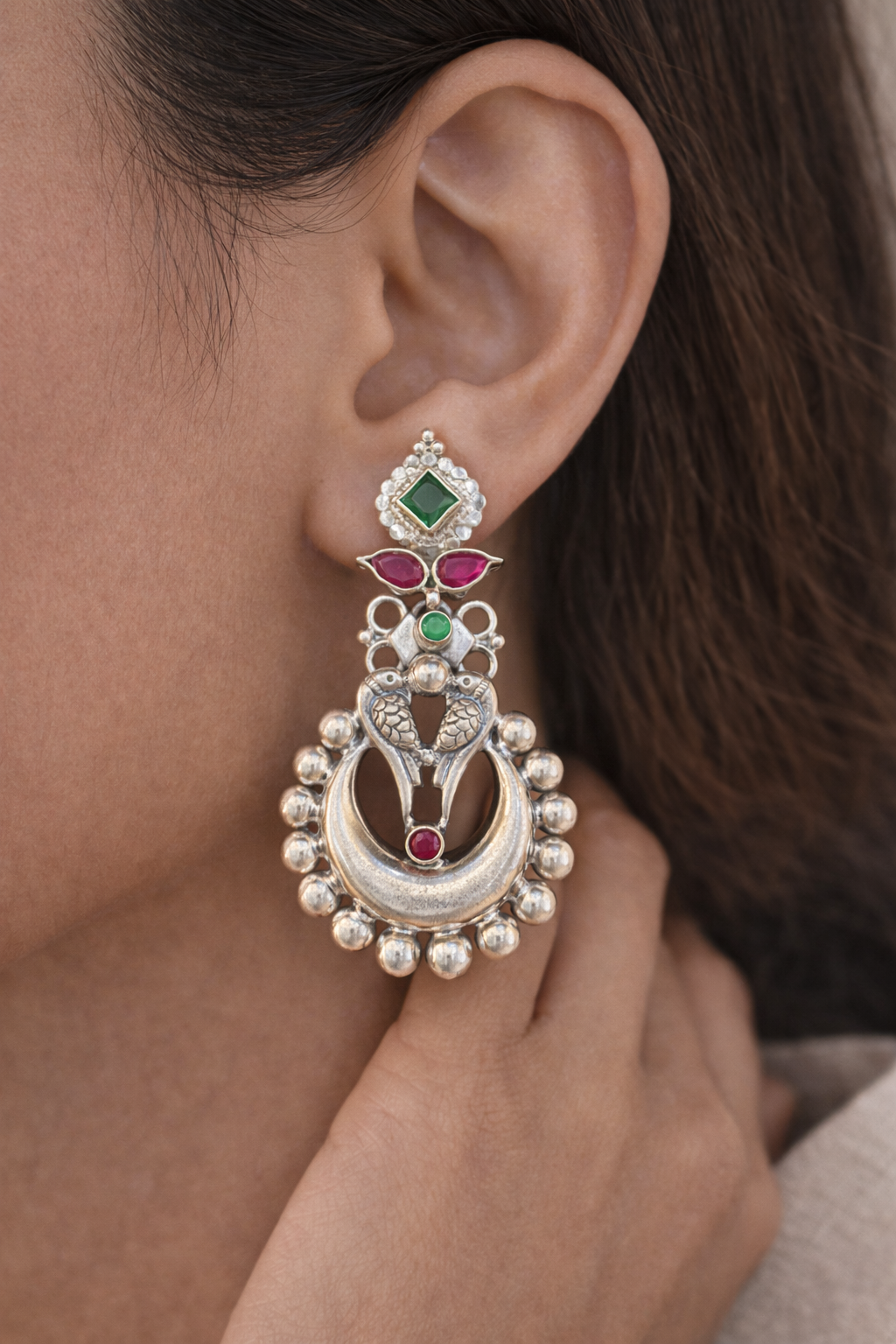 Silver Peacock Crescent Drop Earrings
