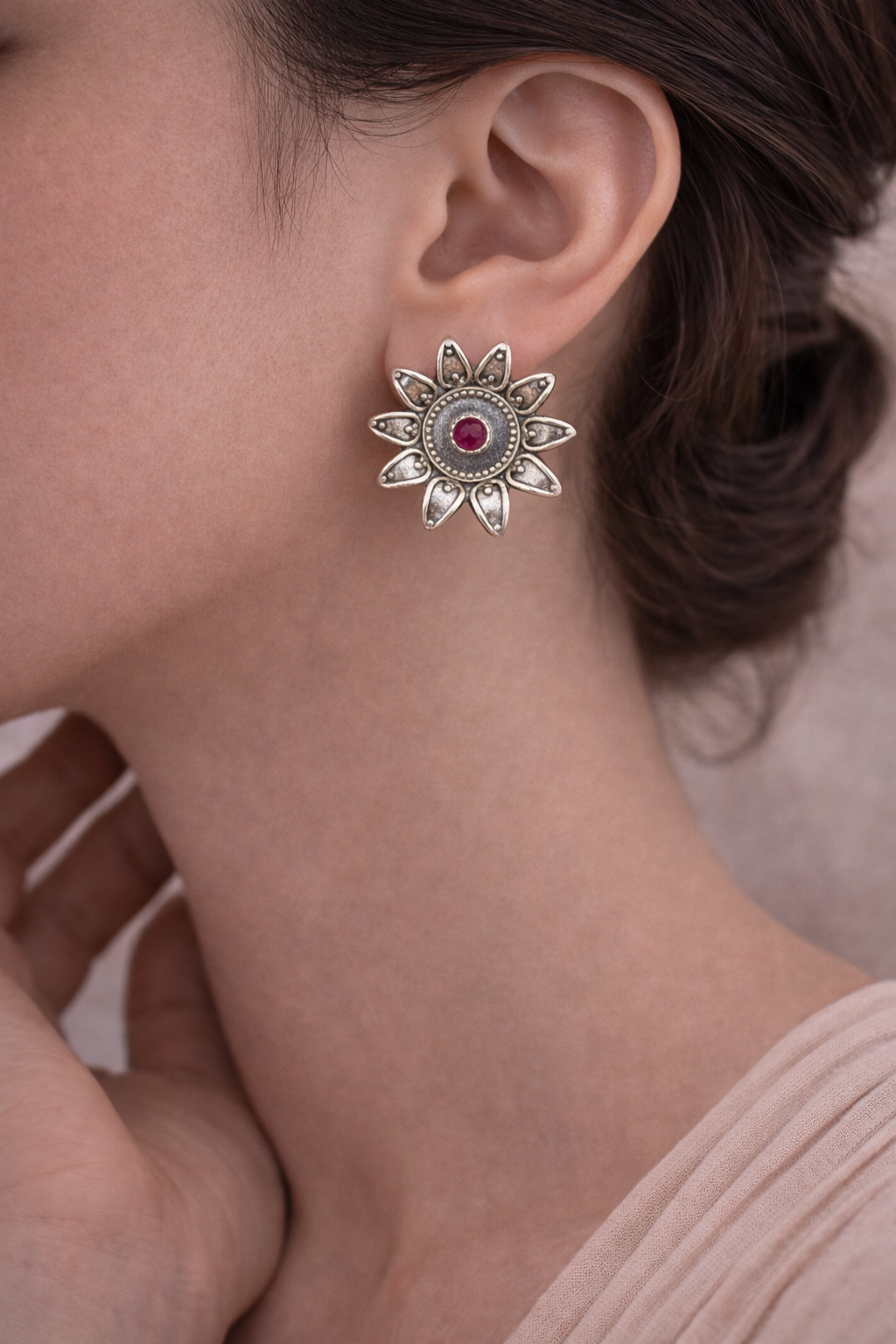 Oxidised Sunflower Motif Stud Earrings
