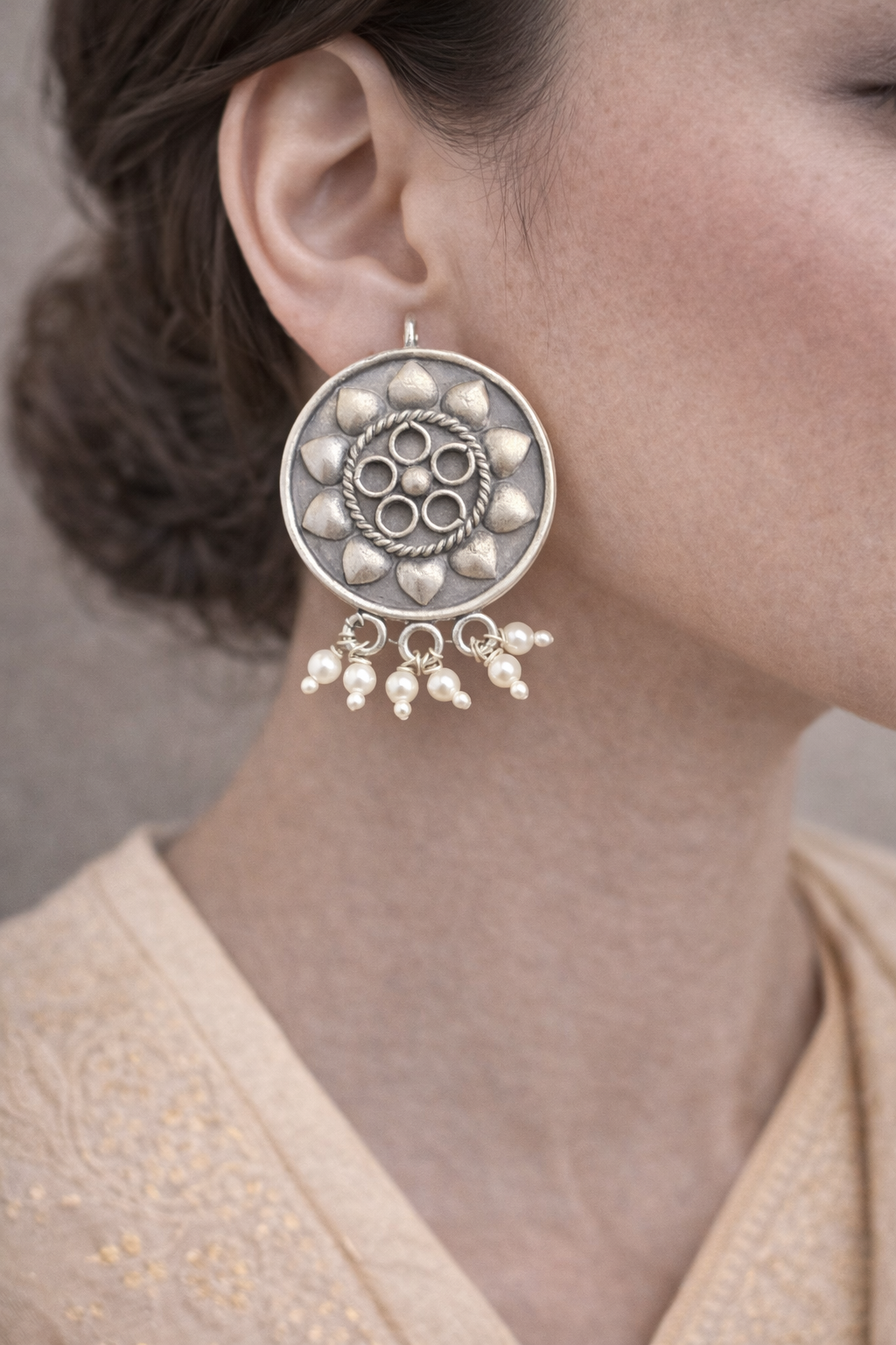 Oxidised Lotus Disc Pearl Drop Earrings