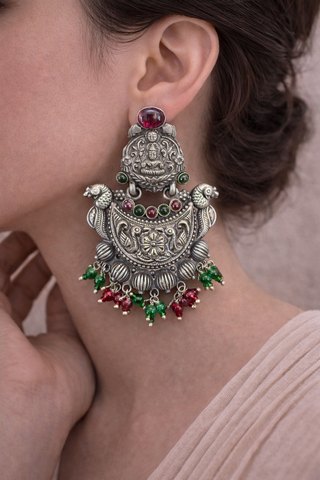 Oxidised Temple Motif Beaded Drop Earrings