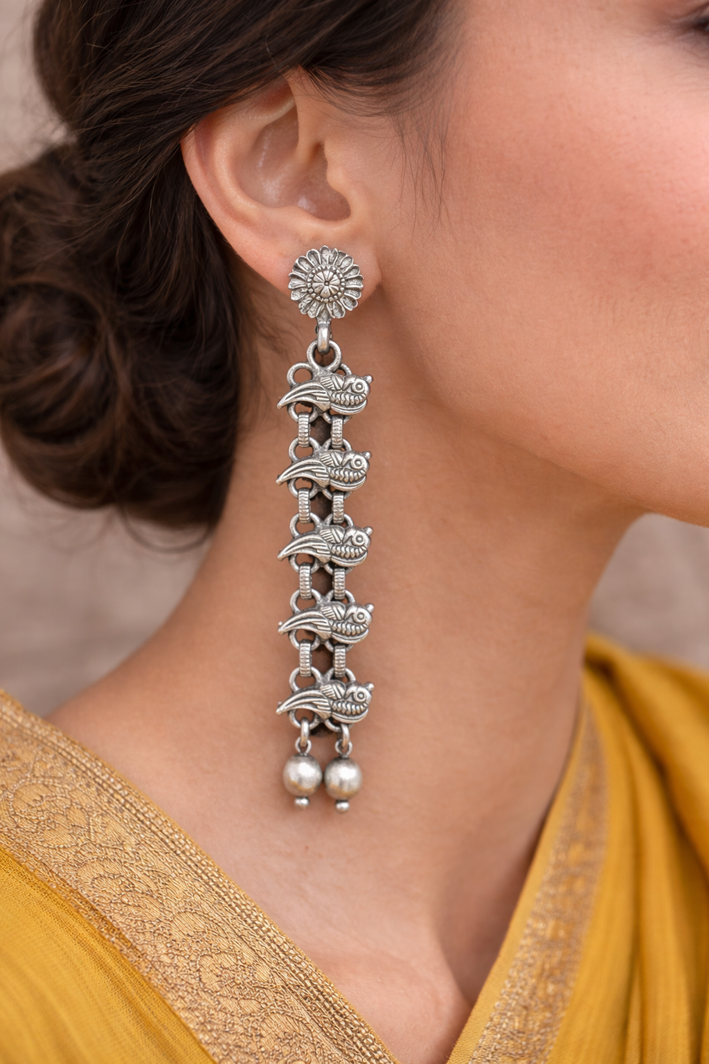 Oxidised Bird Motif Link Drop Earrings