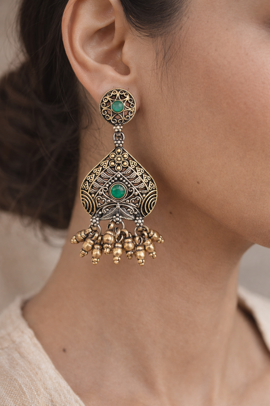 Oxidised Dual Tone Emerald Motif Jhumka Drop Earrings