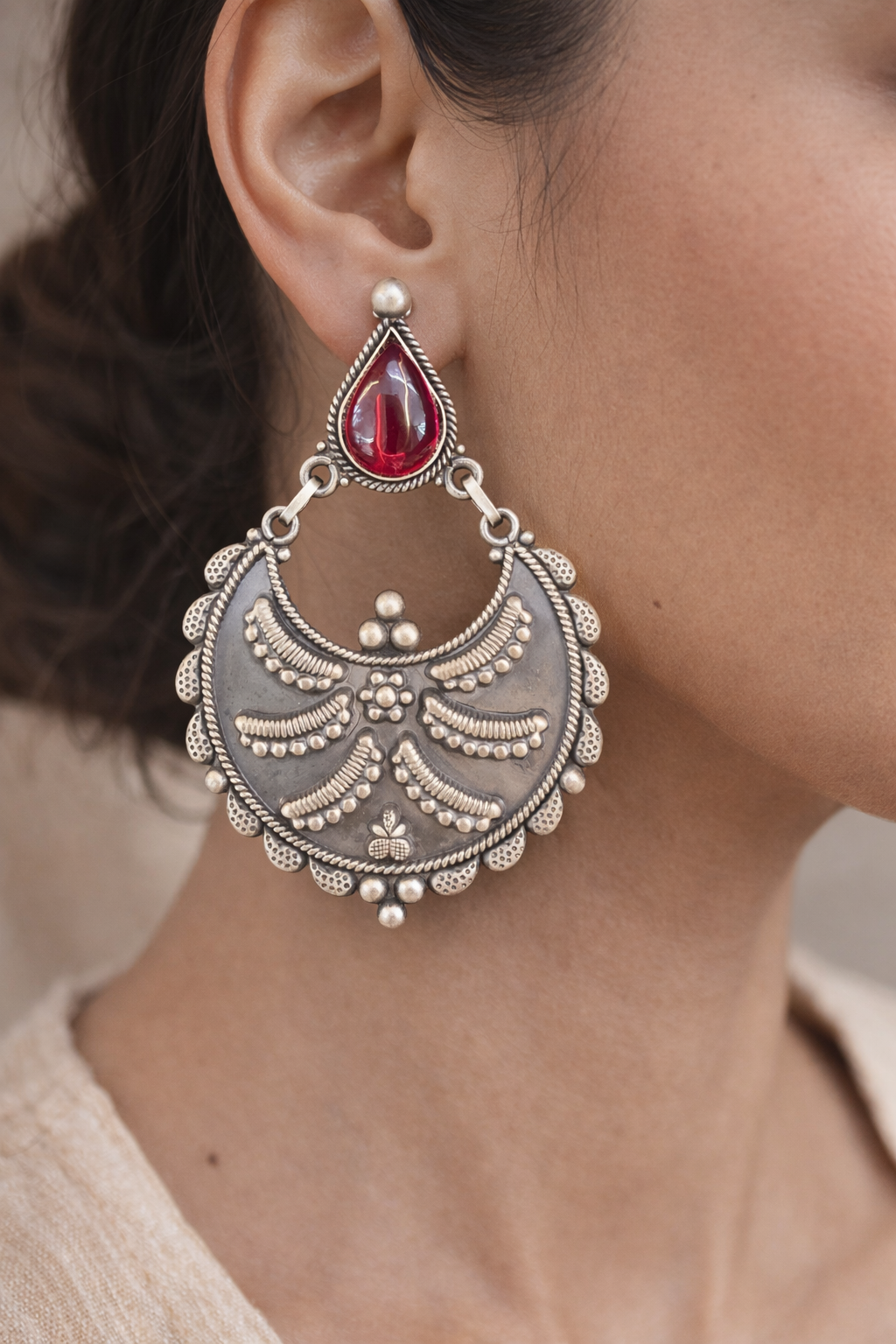 Oxidised Ruby Crescent Motif Drop Earrings
