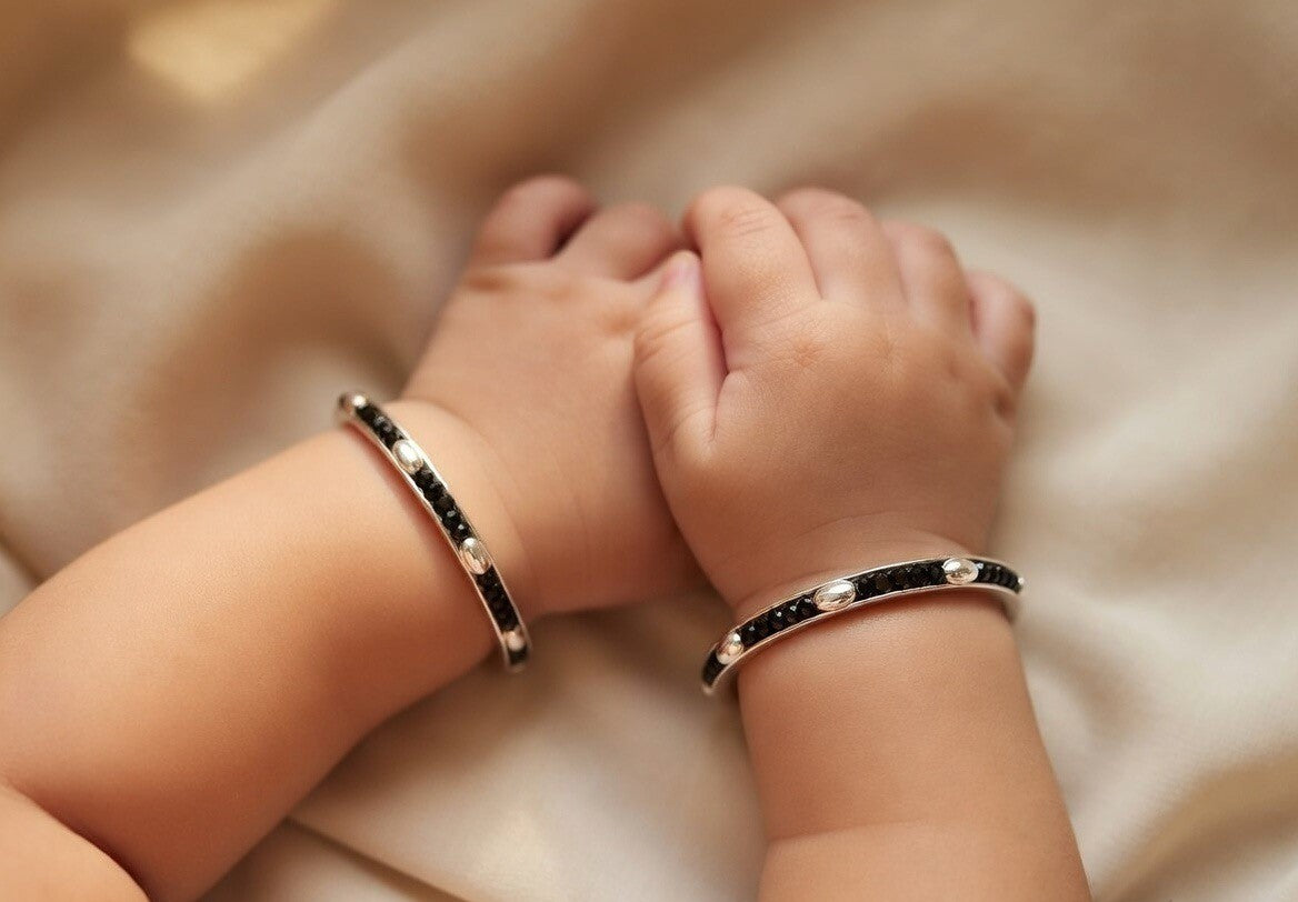 Black Stone Accent Silver Baby Bangles