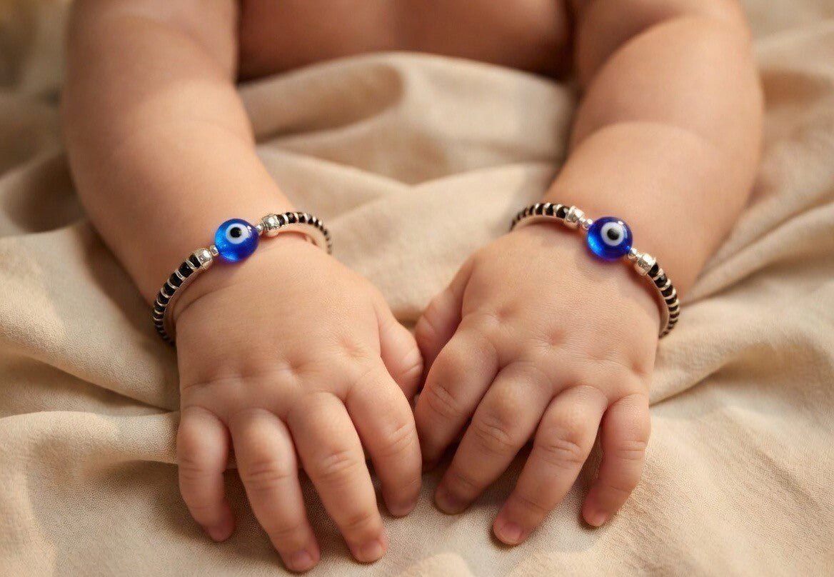 Evil Eye Beaded Silver Child Bangles