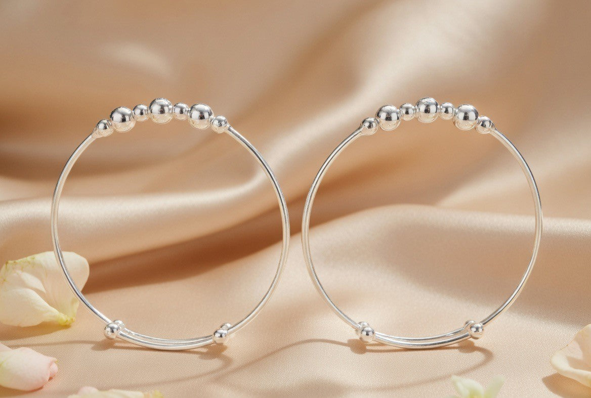 Polished Beaded Silver Baby Bangles