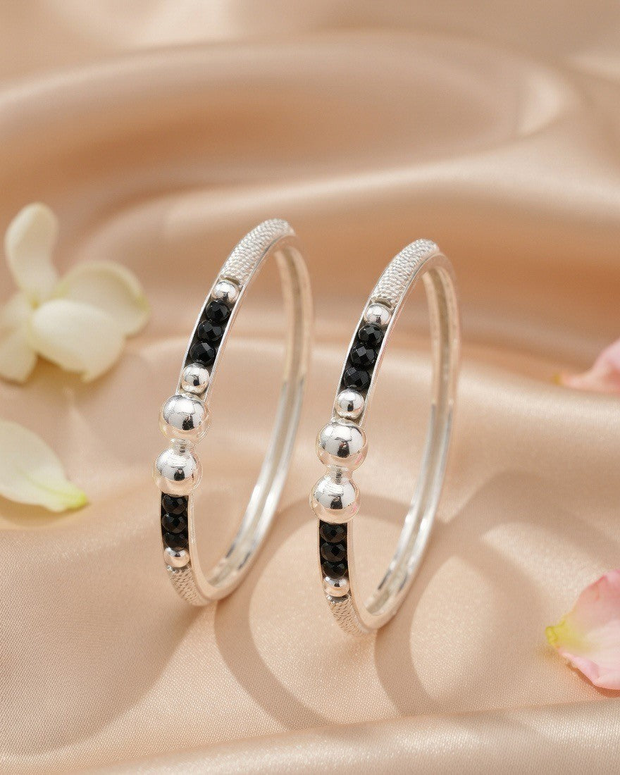 Black Beaded Silver Child Bangle Pair