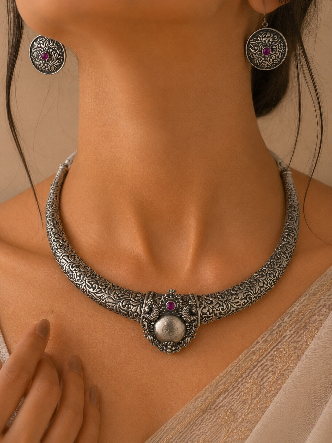 Aarohi Ruby Silver Necklace Set