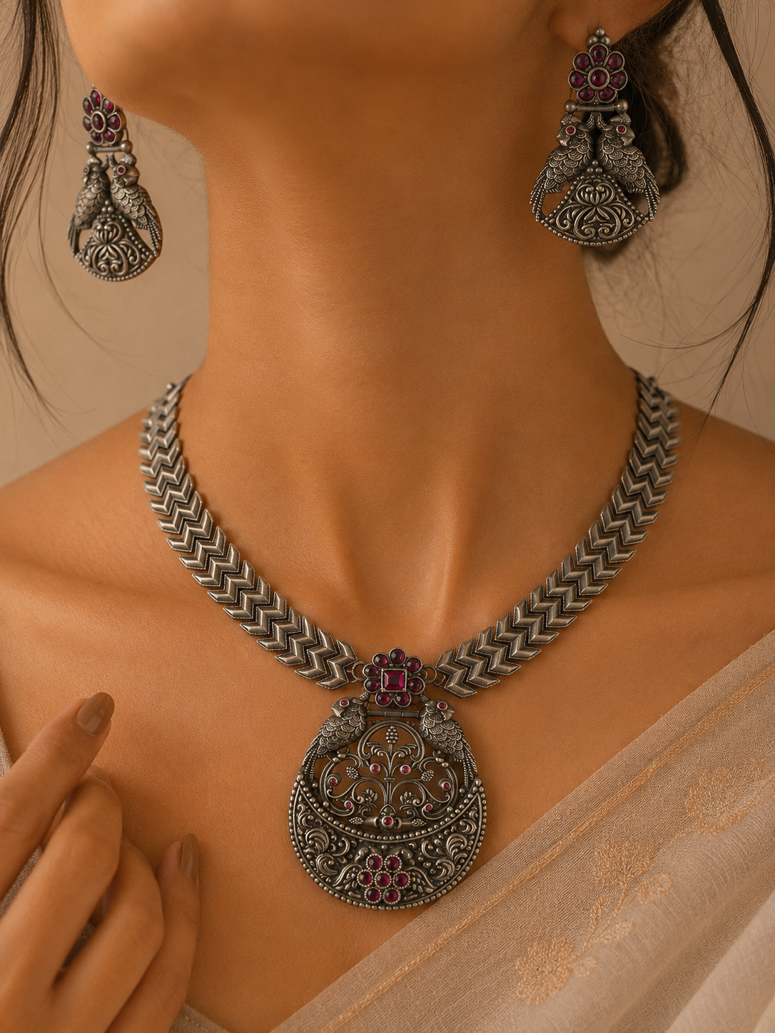 Ruhani Ruby Silver Necklace Set