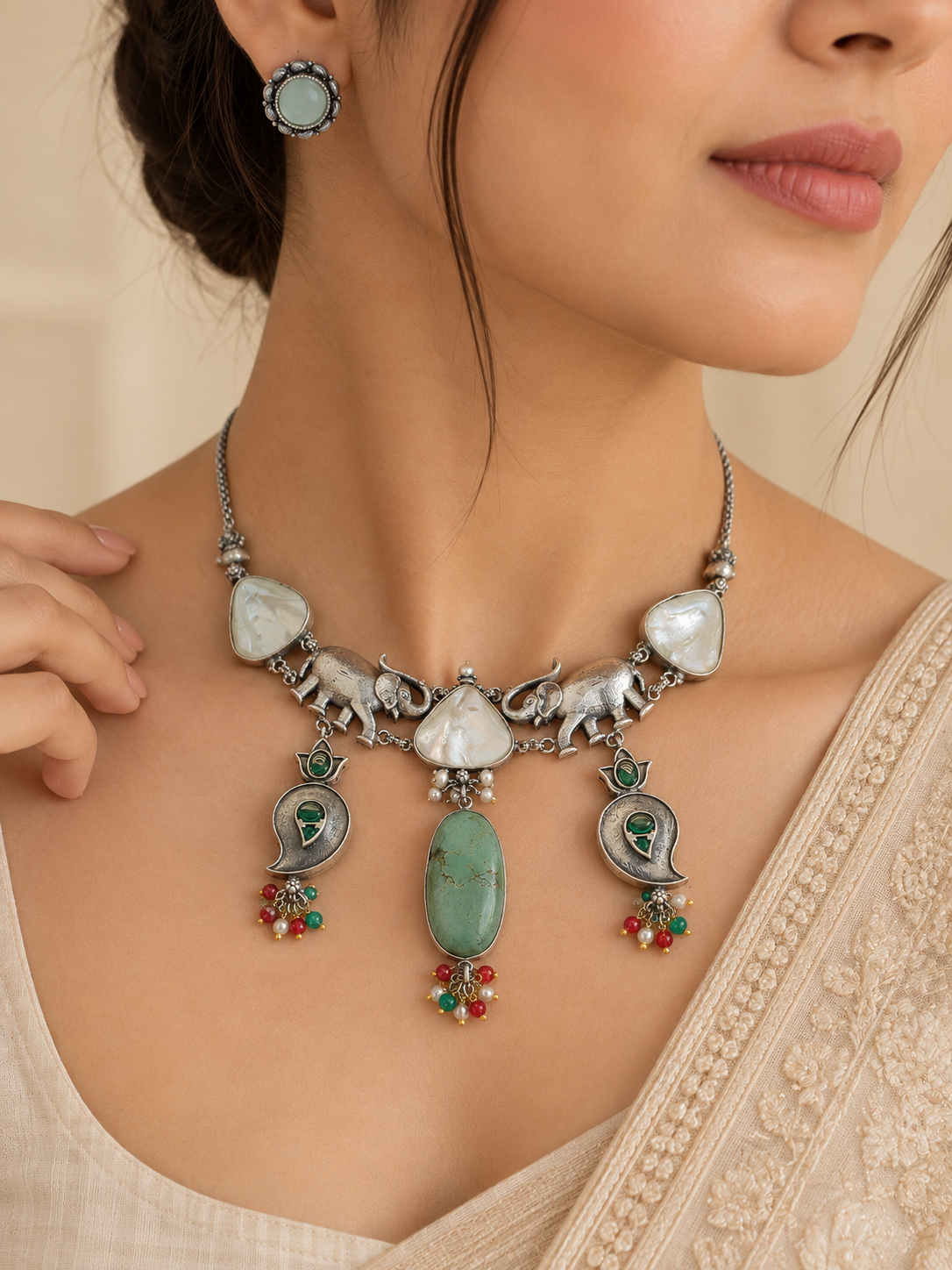 Gajraaj Emerald Silver Necklace Set