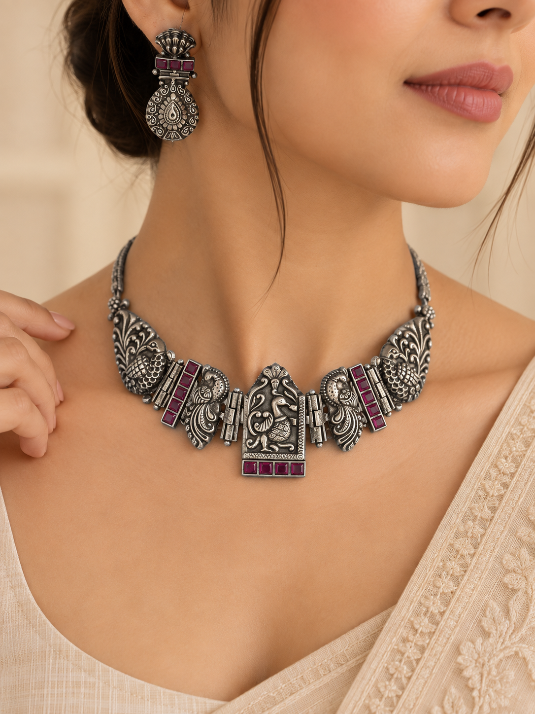 Mayura Riwaayat Ruby Silver Necklace Set