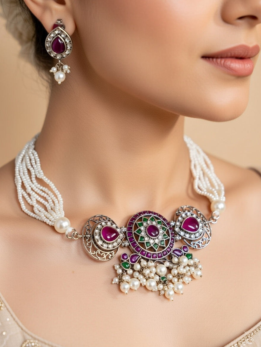 Ruby Kundan Pearl Necklace Set