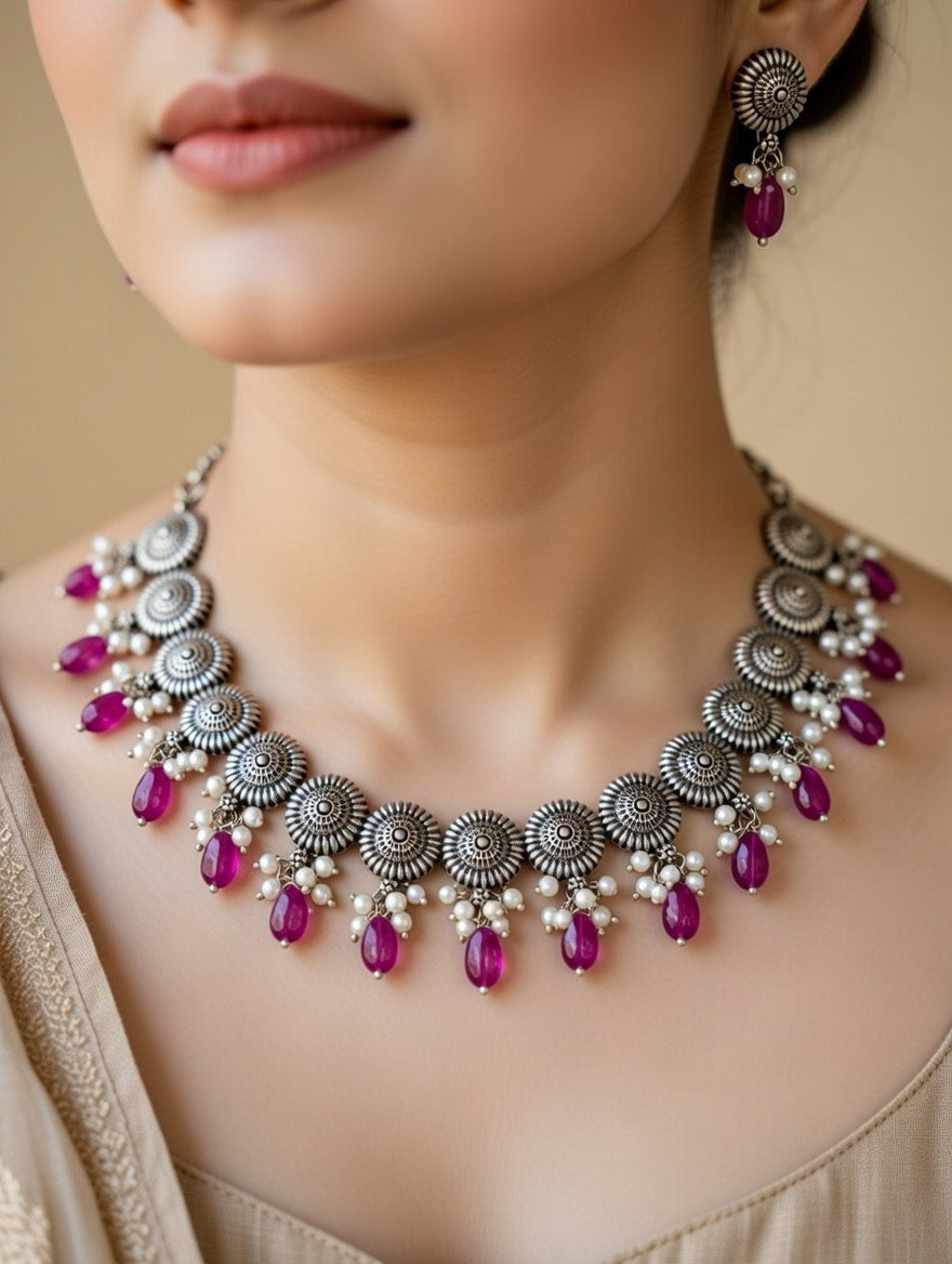 Ruby Drop Antique Silver Necklace Set
