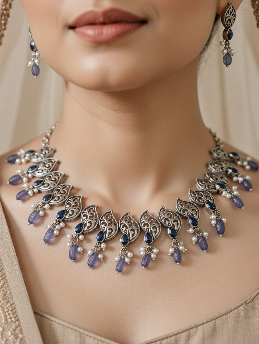 Blue Teardrop Leaf Necklace Set