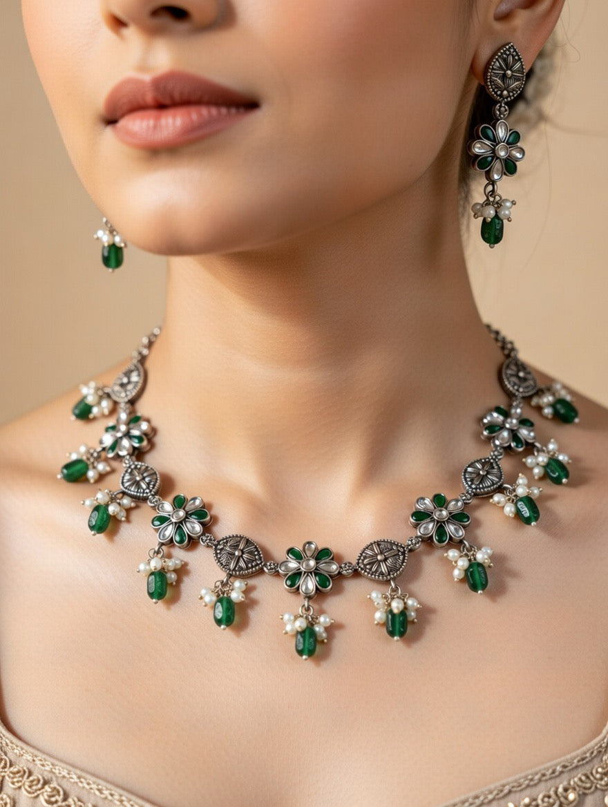 Emerald Floral Drop Necklace Set
