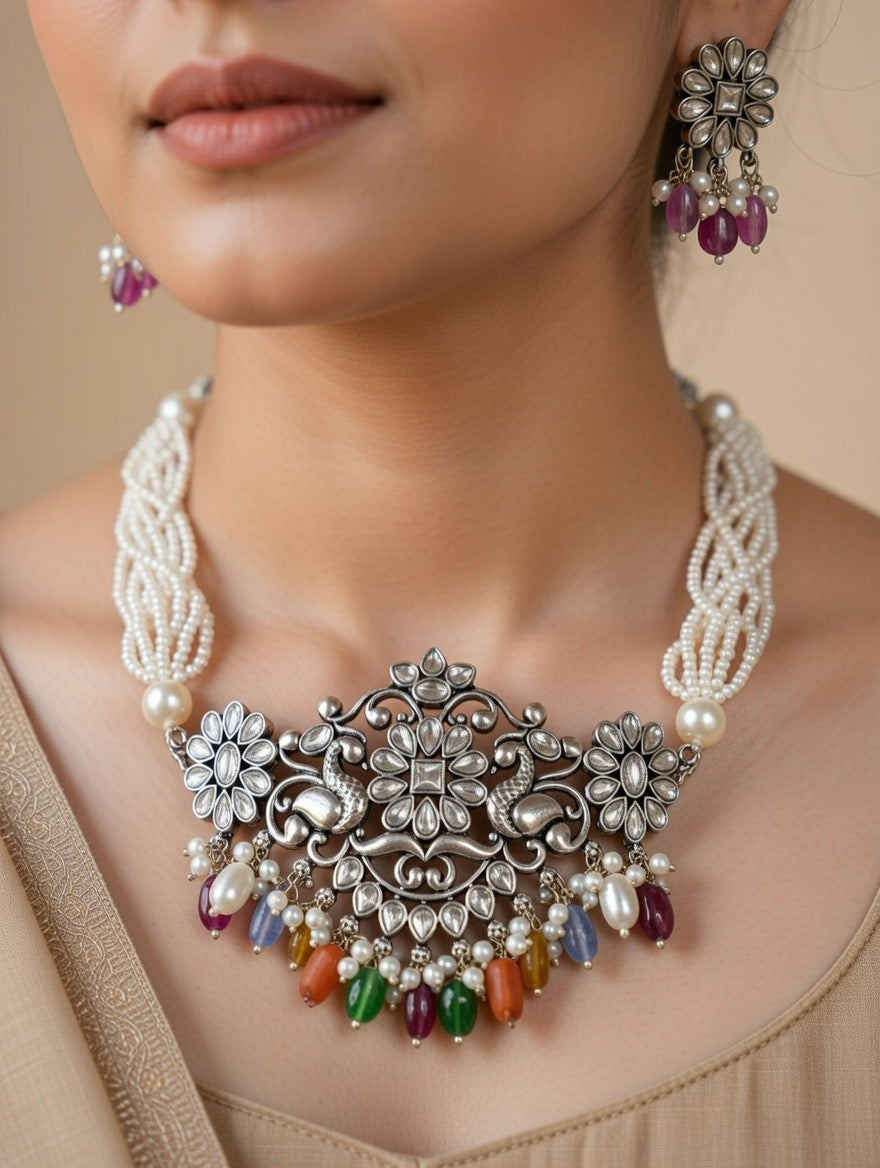 Floral Peacock Multicolour Necklace Set