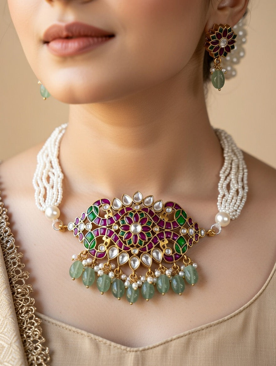 Floral Kundan Pearl Necklace Set