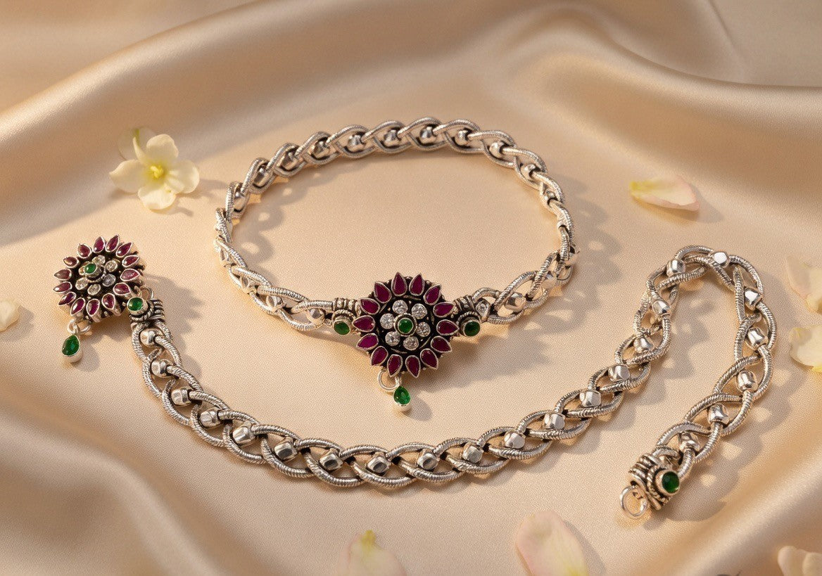 Ruby Green Floral Silver Anklets