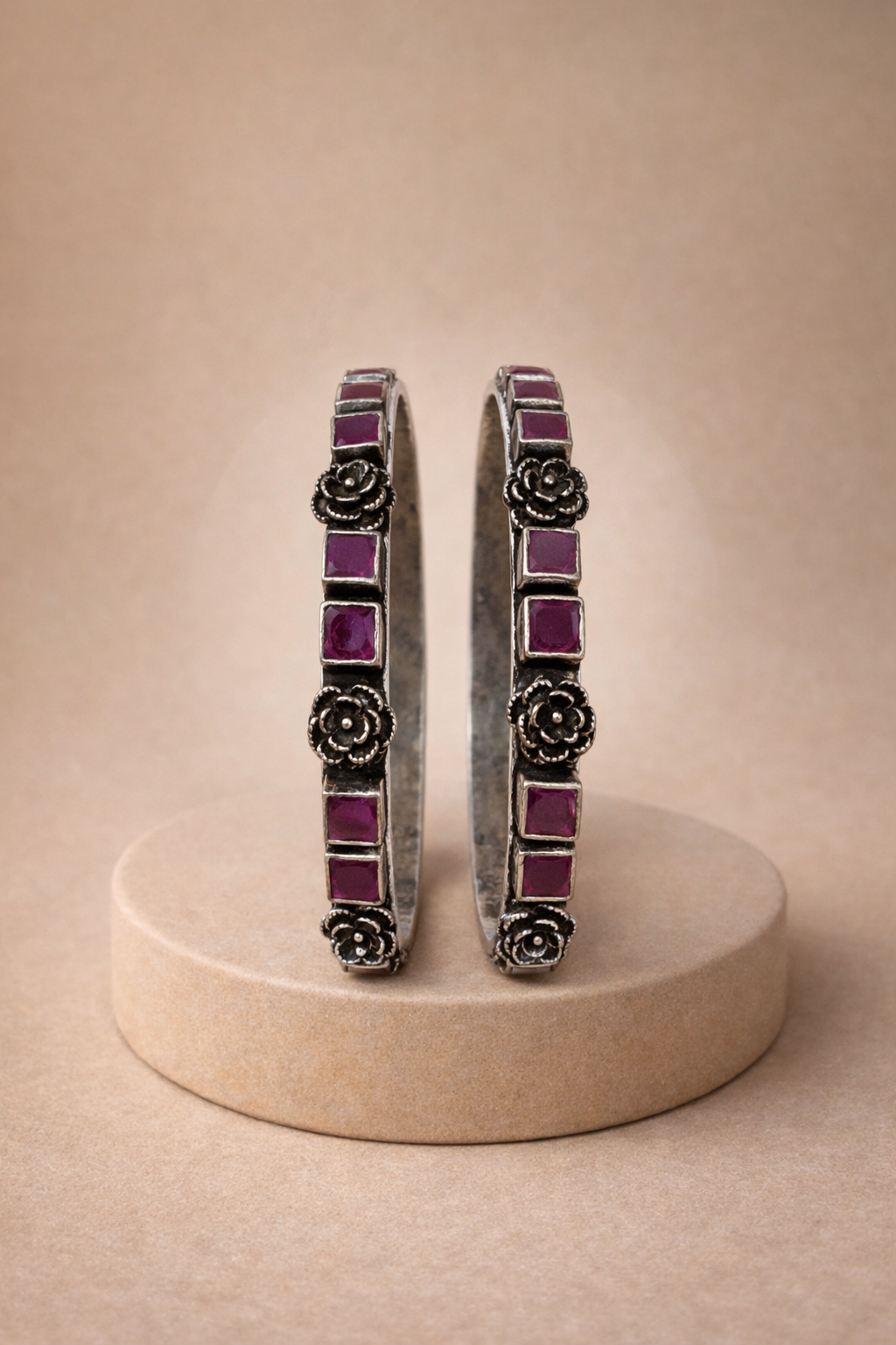 Rose Motif Ruby Square Bangle Pair