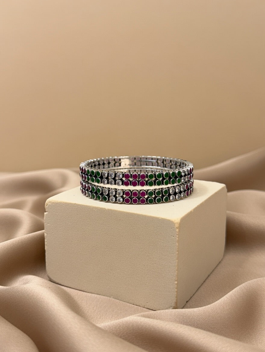 Ruby, Emerald & Zircon Triple-Row Bangle Pair