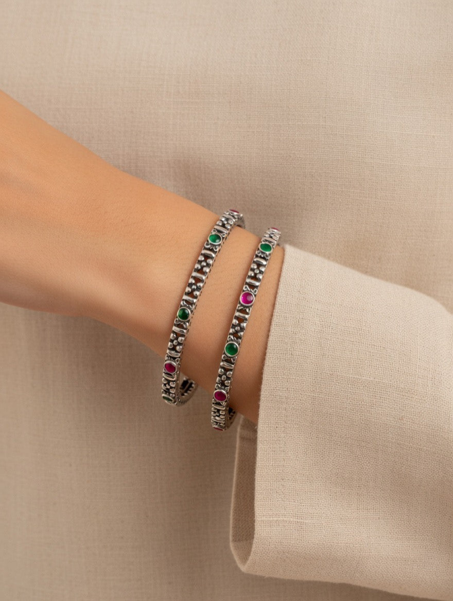 Textured Ruby, Emerald & Zircon Accent Bangle Pair
