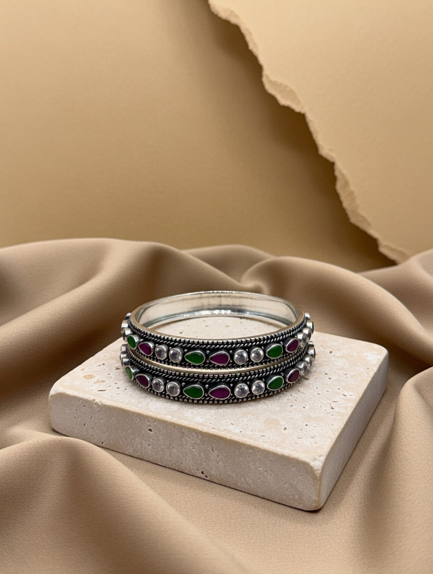 Paisley Ruby, Emerald & Zircon Classic Bangle Pair
