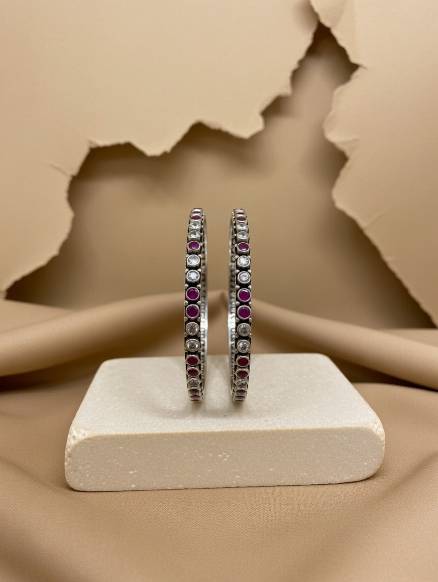 Ruby & Zircon Line-Set Classic Bangle Pair