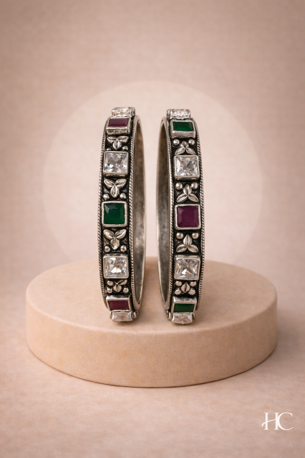 Floral Ruby & Emerald Bangle Pair