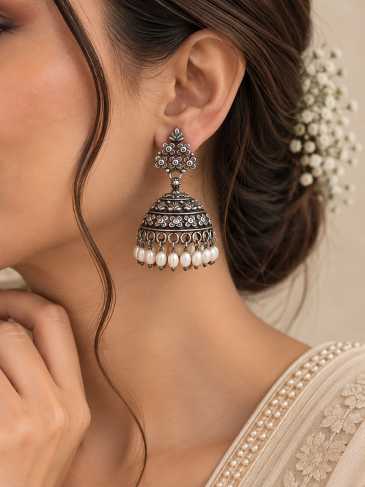 Madhavi Floral Silver Jhumka Earrings
