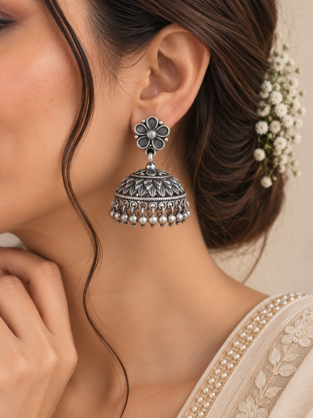 Mrinalini Silver Jhumka Earrings