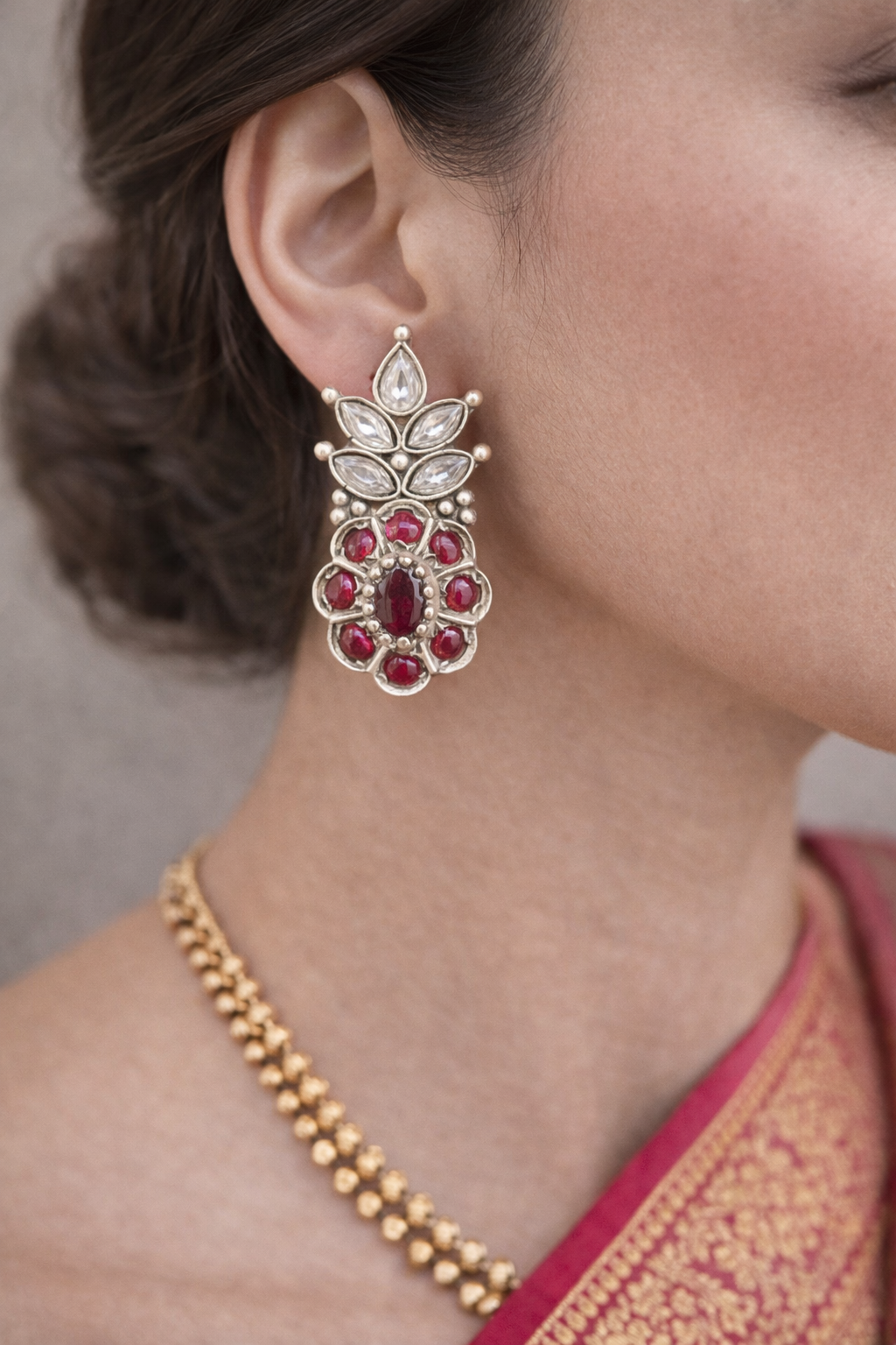 Floral Ruby Stud Earrings with Clear Leaf Motifs