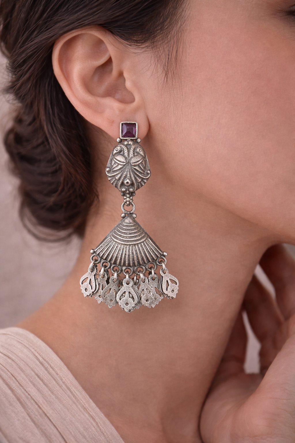 Temple Inspired Silver Jhumka Earrings with Square Ruby Accent