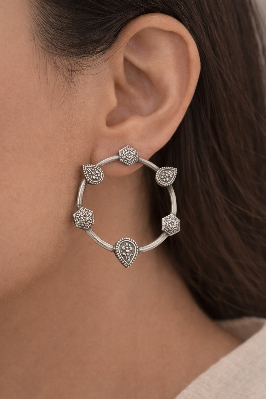 Aarohi Textured Silver Hoop Earrings