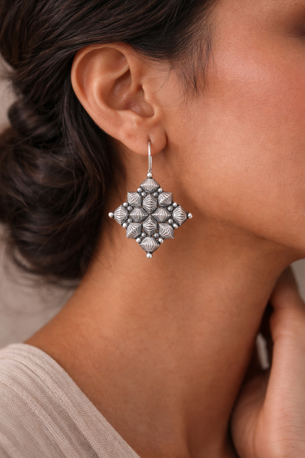 Geometric Cluster Silver Drop Earrings