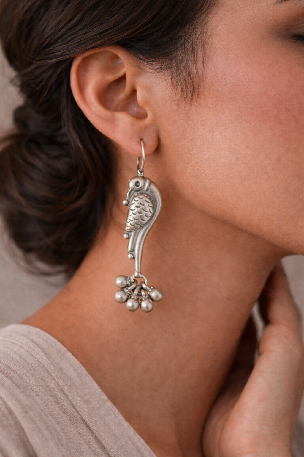 Oxidised Parrot Motif Silver Drop Earrings