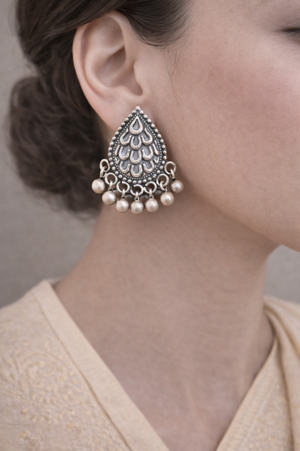 Oxidised Teardrop Motif Stud Earrings