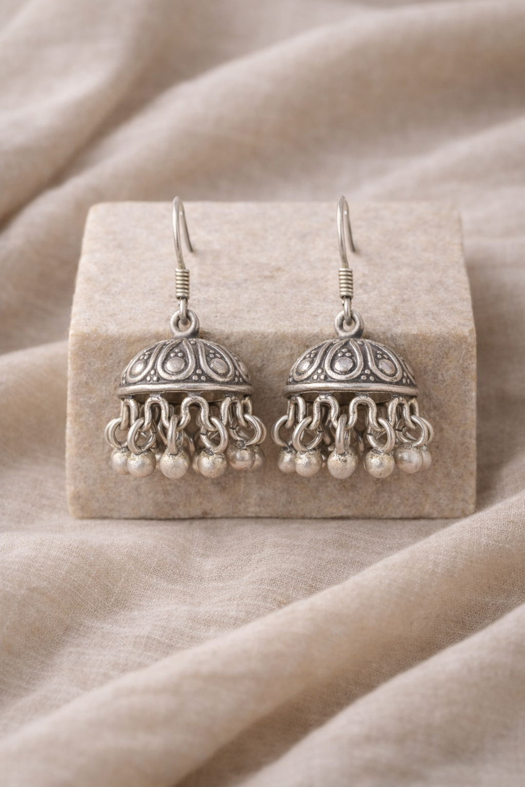 Classic Dome Ghungroo Silver Jhumka Earrings
