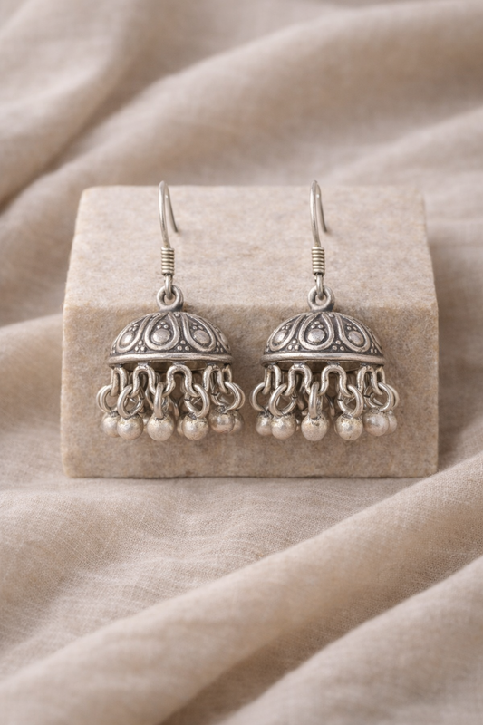 Classic Dome Ghungroo Silver Jhumka Earrings