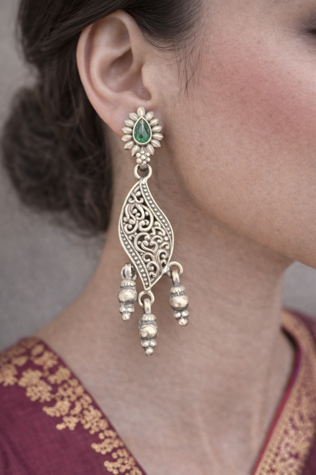 Oxidised Leaf Motif Drop Earrings