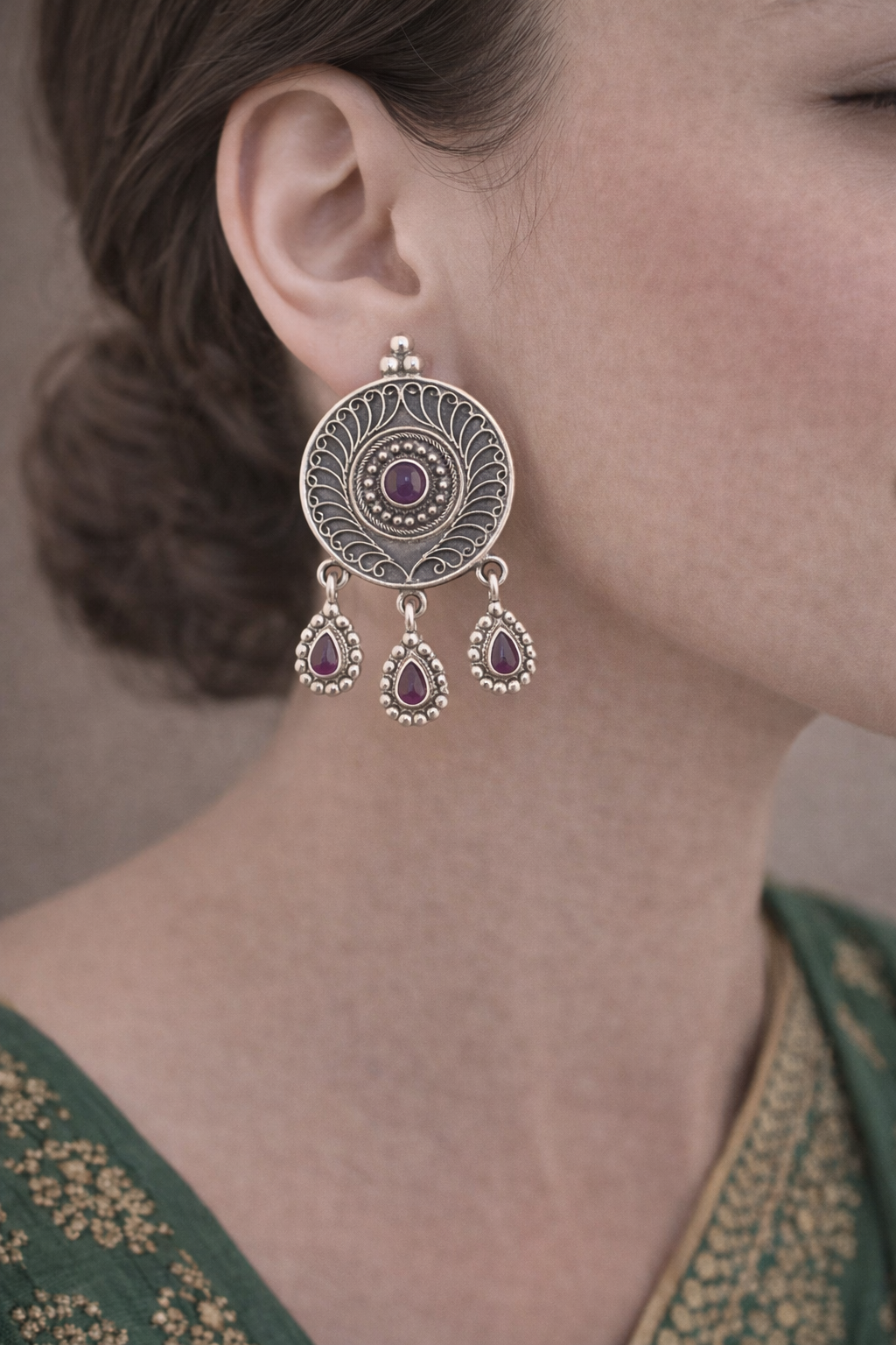 Oxidised Circular Motif Drop Earrings